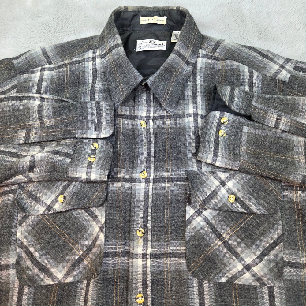 Vintage Sears Roebuck Wool Blend Flannel Shirt Men XLT Plaid Lined Single Needle